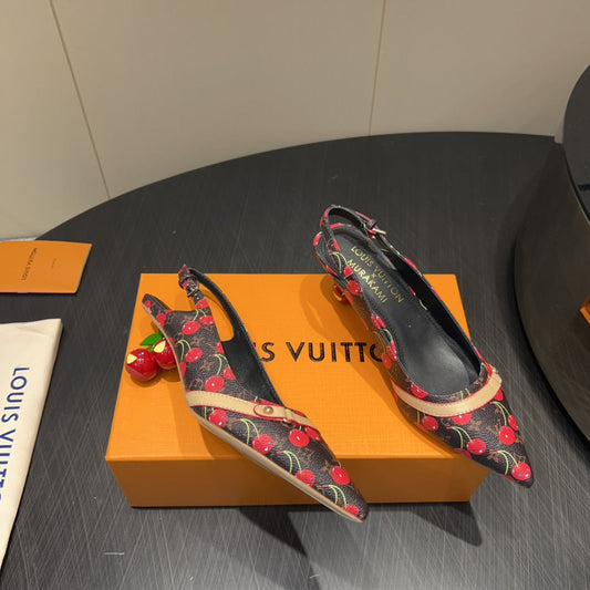 LOUIS VUITTON LV HIGH SLINGBACK LOGO AND CHERRY PRINT 25S 55MM IN DARK BROWN CALFSKIN