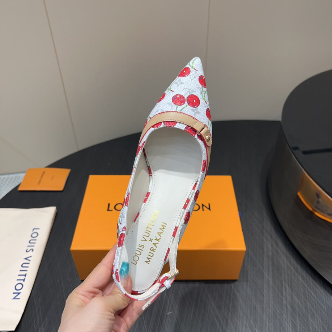 LOUIS VUITTON LV HIGH SLINGBACK LOGO AND CHERRY PRINT 25S 55 MM IN WHITE CALFSKIN