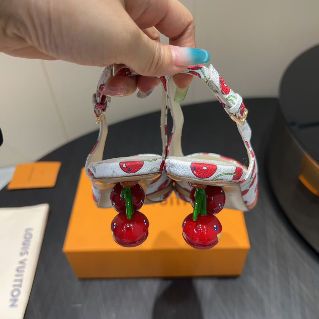 LOUIS VUITTON LV HIGH SLINGBACK LOGO AND CHERRY PRINT 25S 55 MM IN WHITE CALFSKIN