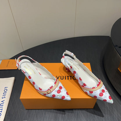 LOUIS VUITTON LV HIGH SLINGBACK LOGO AND CHERRY PRINT 25S 55 MM IN WHITE CALFSKIN