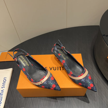 LOUIS VUITTON LV HIGH SLINGBACK LOGO AND CHERRY PRINT 25S 55MM IN CHARCOAL BLACK DENIM