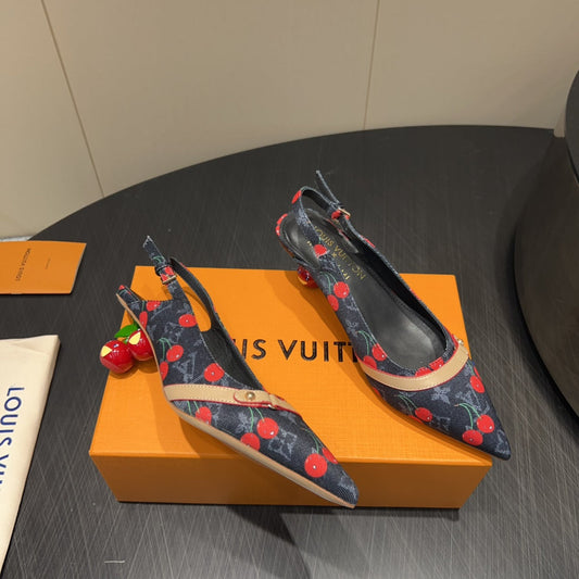 LOUIS VUITTON LV HIGH SLINGBACK LOGO AND CHERRY PRINT 25S 55MM IN CHARCOAL BLACK DENIM