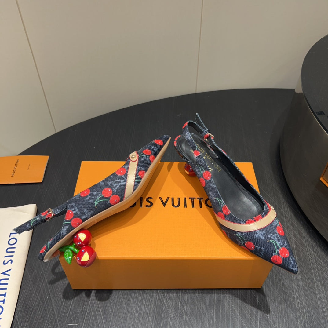 LOUIS VUITTON LV HIGH SLINGBACK LOGO AND CHERRY PRINT 25S 55MM IN CHARCOAL BLACK DENIM