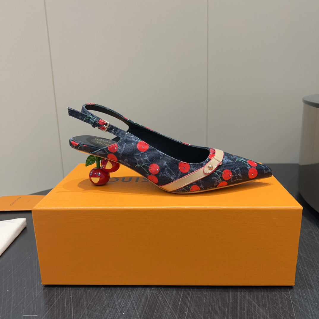 LOUIS VUITTON LV HIGH SLINGBACK LOGO AND CHERRY PRINT 25S 55MM IN CHARCOAL BLACK DENIM