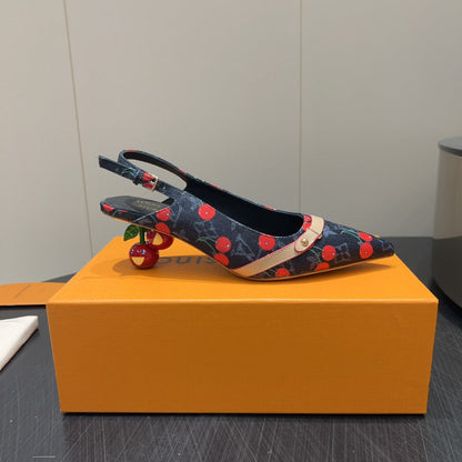 LOUIS VUITTON LV HIGH SLINGBACK LOGO AND CHERRY PRINT 25S 55MM IN CHARCOAL BLACK DENIM