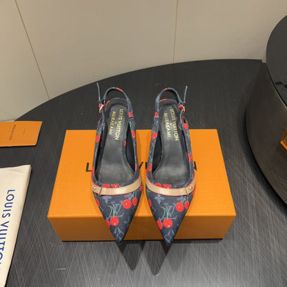 LOUIS VUITTON LV HIGH SLINGBACK LOGO AND CHERRY PRINT 25S 55MM IN CHARCOAL BLACK DENIM