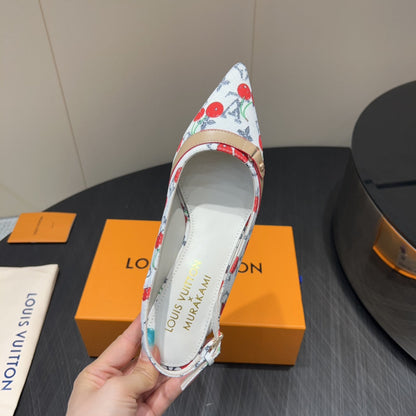 LOUIS VUITTON LV HIGH SLINGBACK LOGO AND CHERRY PRINT 25S 55MM IN WHITE DENIM