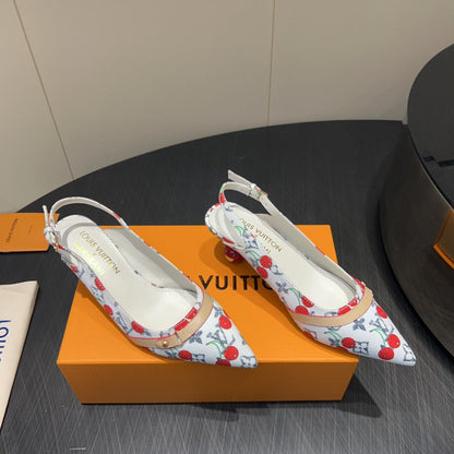 LOUIS VUITTON LV HIGH SLINGBACK LOGO AND CHERRY PRINT 25S 55MM IN WHITE DENIM