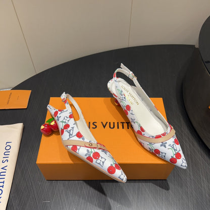 LOUIS VUITTON LV HIGH SLINGBACK LOGO AND CHERRY PRINT 25S 55MM IN WHITE DENIM