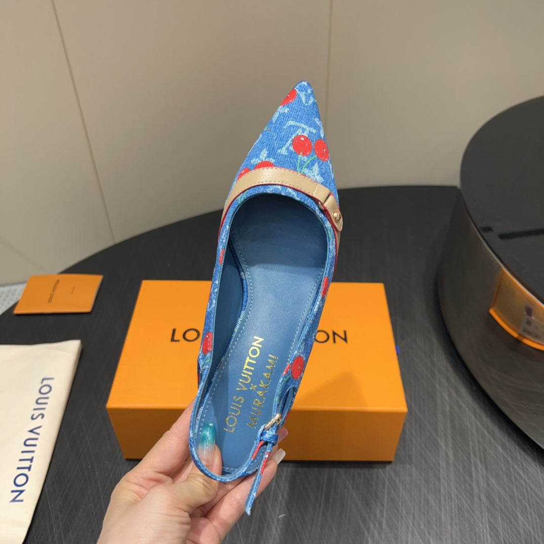 LOUIS VUITTON LV HIGH SLINGBACK LOGO AND CHERRY PRINT 25S 55MM IN BLUE DENIM