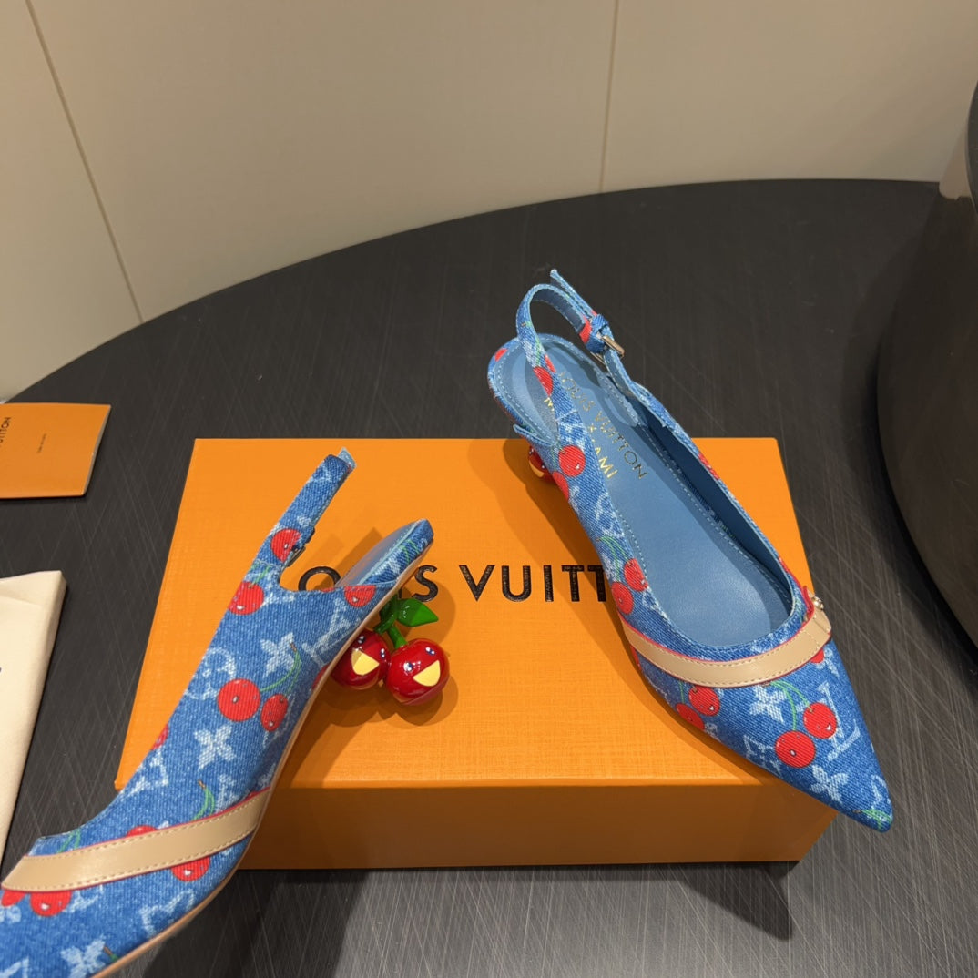 LOUIS VUITTON LV HIGH SLINGBACK LOGO AND CHERRY PRINT 25S 55MM IN BLUE DENIM
