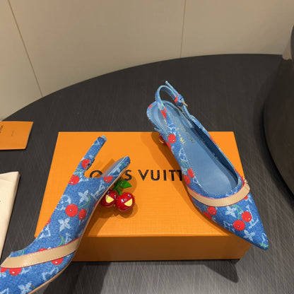 LOUIS VUITTON LV HIGH SLINGBACK LOGO AND CHERRY PRINT 25S 55MM IN BLUE DENIM
