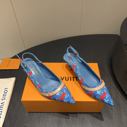 LOUIS VUITTON LV HIGH SLINGBACK LOGO AND CHERRY PRINT 25S 55MM IN BLUE DENIM
