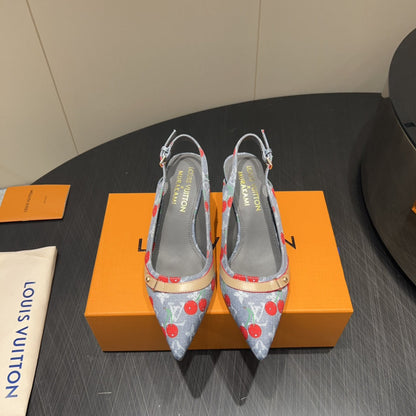 LOUIS VUITTON LV HIGH SLINGBACK LOGO AND CHERRY PRINT 25S 55MM IN GREY DENIM