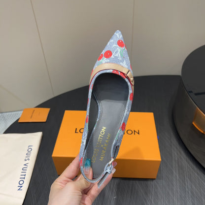 LOUIS VUITTON LV HIGH SLINGBACK LOGO AND CHERRY PRINT 25S 55MM IN GREY DENIM