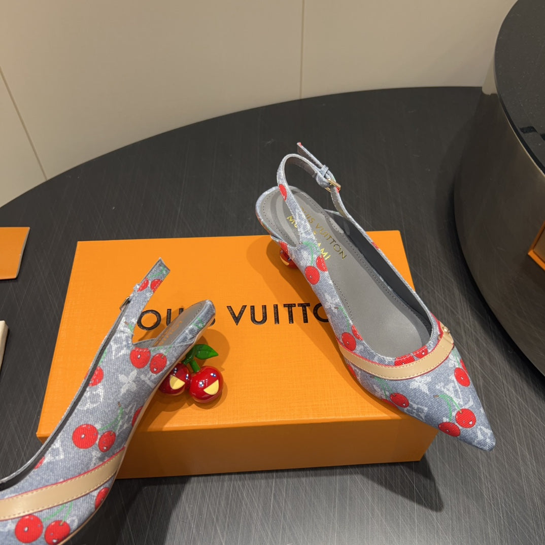 LOUIS VUITTON LV HIGH SLINGBACK LOGO AND CHERRY PRINT 25S 55MM IN GREY DENIM