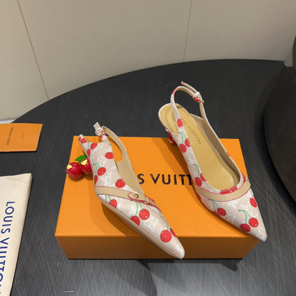 LOUIS VUITTON LV HIGH SLINGBACK LOGO AND CHERRY PRINT 25S 55MM IN BLUSH NUDE DENIM