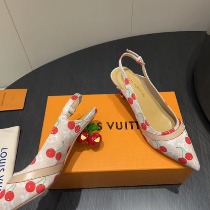 LOUIS VUITTON LV HIGH SLINGBACK LOGO AND CHERRY PRINT 25S 55MM IN BLUSH NUDE DENIM