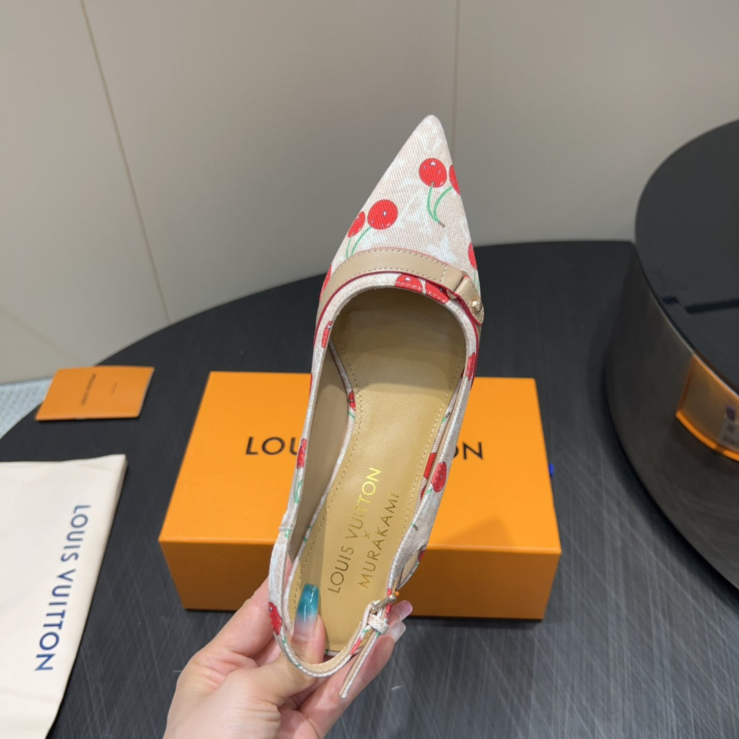 LOUIS VUITTON LV HIGH SLINGBACK LOGO AND CHERRY PRINT 25S 55MM IN BLUSH NUDE DENIM