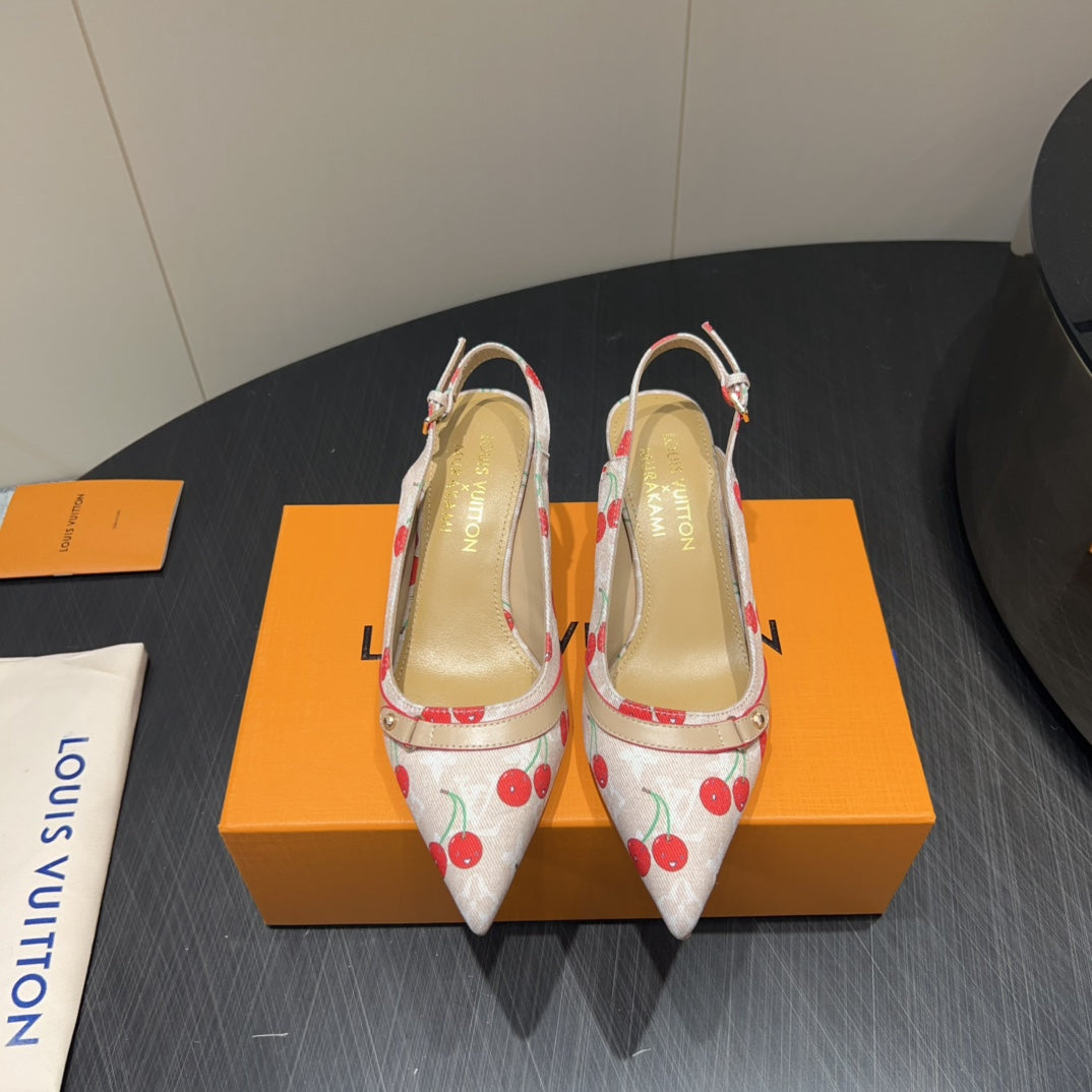 LOUIS VUITTON LV HIGH SLINGBACK LOGO AND CHERRY PRINT 25S 55MM IN BLUSH NUDE DENIM