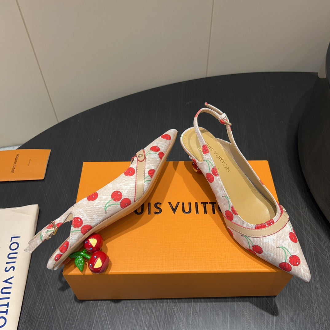 LOUIS VUITTON LV HIGH SLINGBACK LOGO AND CHERRY PRINT 25S 55MM IN BLUSH NUDE DENIM