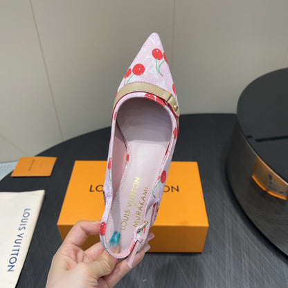 LOUIS VUITTON LV HIGH SLINGBACK LOGO AND CHERRY PRINT 25S 55MM IN LIGHT PINK DENIM