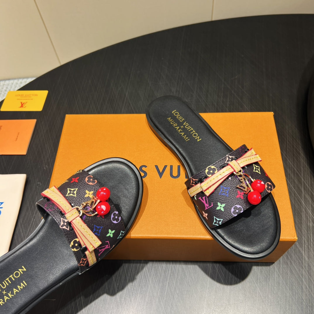 LOUIS VUITTON LV SLIDE SANDALS LOGO PRINT 25S IN BLACK CALFSKIN WITH CHERRY BLOSSOM BUCKLE