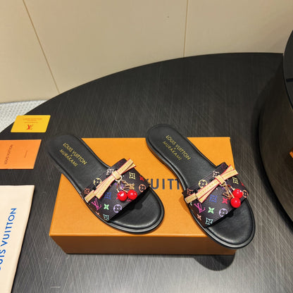 LOUIS VUITTON LV SLIDE SANDALS LOGO PRINT 25S IN BLACK CALFSKIN WITH CHERRY BLOSSOM BUCKLE