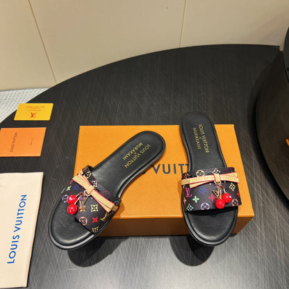 LOUIS VUITTON LV SLIDE SANDALS LOGO PRINT 25S IN BLACK CALFSKIN WITH CHERRY BLOSSOM BUCKLE