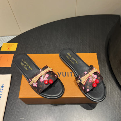 LOUIS VUITTON LV SLIDE SANDALS 25S IN DARK BROWN AND BLACK CALFSKIN WITH CHERRY BLOSSOM BUCKLE