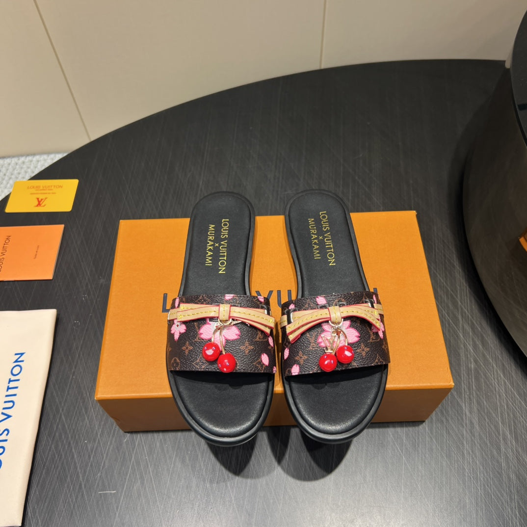 LOUIS VUITTON LV SLIDE SANDALS 25S IN DARK BROWN AND BLACK CALFSKIN WITH CHERRY BLOSSOM BUCKLE