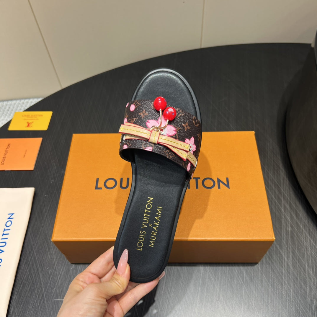 LOUIS VUITTON LV SLIDE SANDALS 25S IN DARK BROWN AND BLACK CALFSKIN WITH CHERRY BLOSSOM BUCKLE