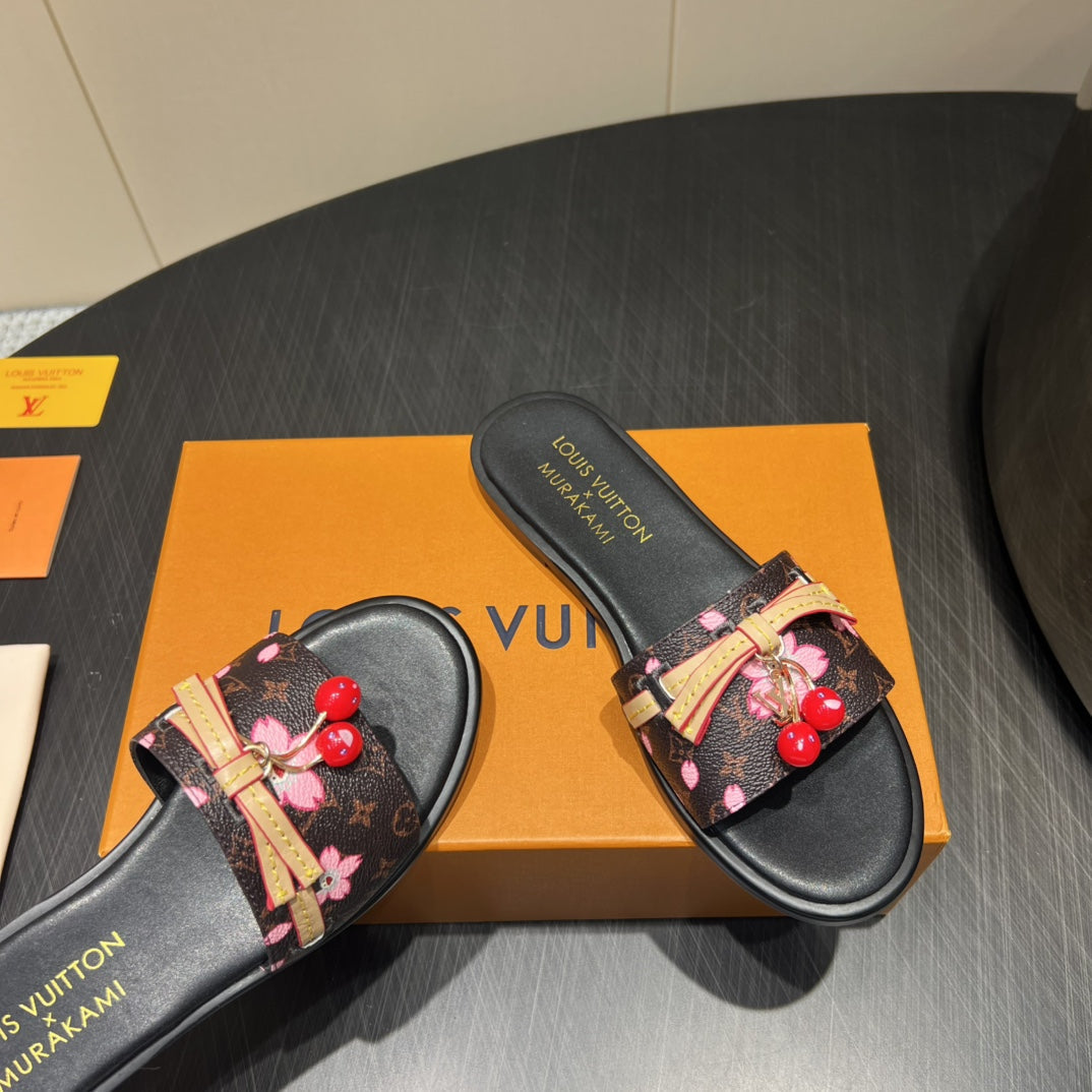 LOUIS VUITTON LV SLIDE SANDALS 25S IN DARK BROWN AND BLACK CALFSKIN WITH CHERRY BLOSSOM BUCKLE