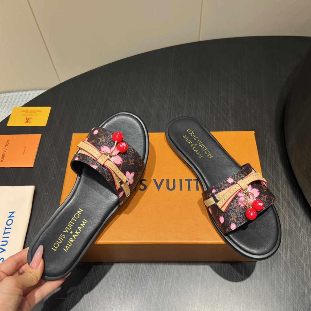 LOUIS VUITTON LV SLIDE SANDALS 25S IN DARK BROWN AND BLACK CALFSKIN WITH CHERRY BLOSSOM BUCKLE