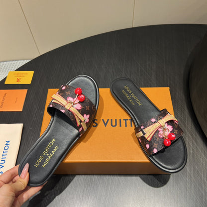 LOUIS VUITTON LV SLIDE SANDALS 25S IN DARK BROWN AND BLACK CALFSKIN WITH CHERRY BLOSSOM BUCKLE