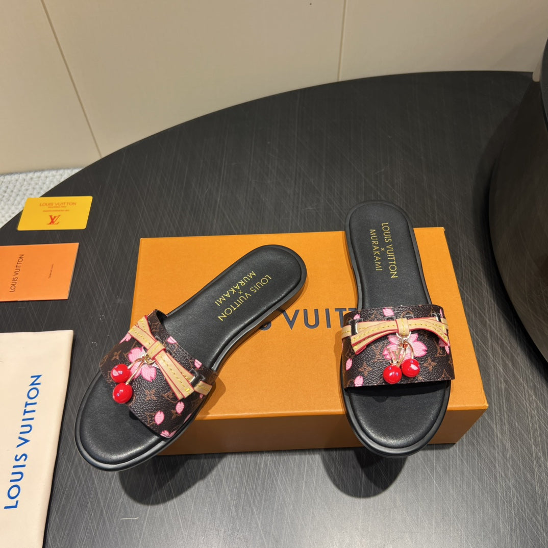 LOUIS VUITTON LV SLIDE SANDALS 25S IN DARK BROWN AND BLACK CALFSKIN WITH CHERRY BLOSSOM BUCKLE