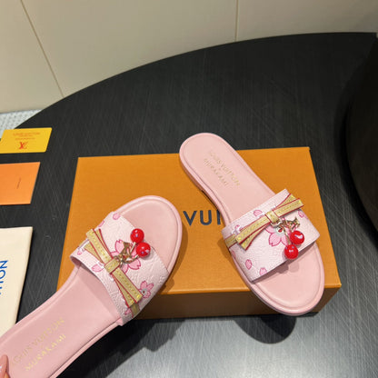 LOUIS VUITTON LV SLIDE SANDALS 25S IN LIGHT PINK CALFSKIN WITH CHERRY BLOSSOM BUCKLE