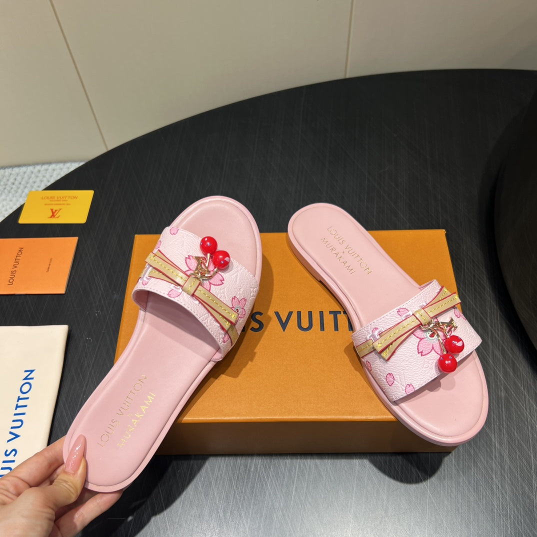 LOUIS VUITTON LV SLIDE SANDALS 25S IN LIGHT PINK CALFSKIN WITH CHERRY BLOSSOM BUCKLE