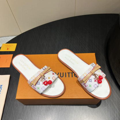 LOUIS VUITTON LV SLIDE SANDALS LOGO PRINT 25S IN WHITE CALFSKIN WITH CHERRY BLOSSOM BUCKLE