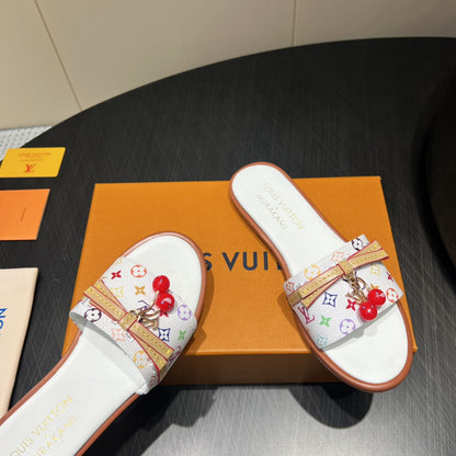 LOUIS VUITTON LV SLIDE SANDALS LOGO PRINT 25S IN WHITE CALFSKIN WITH CHERRY BLOSSOM BUCKLE