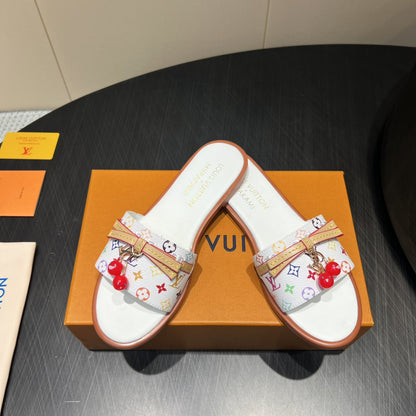 LOUIS VUITTON LV SLIDE SANDALS LOGO PRINT 25S IN WHITE CALFSKIN WITH CHERRY BLOSSOM BUCKLE