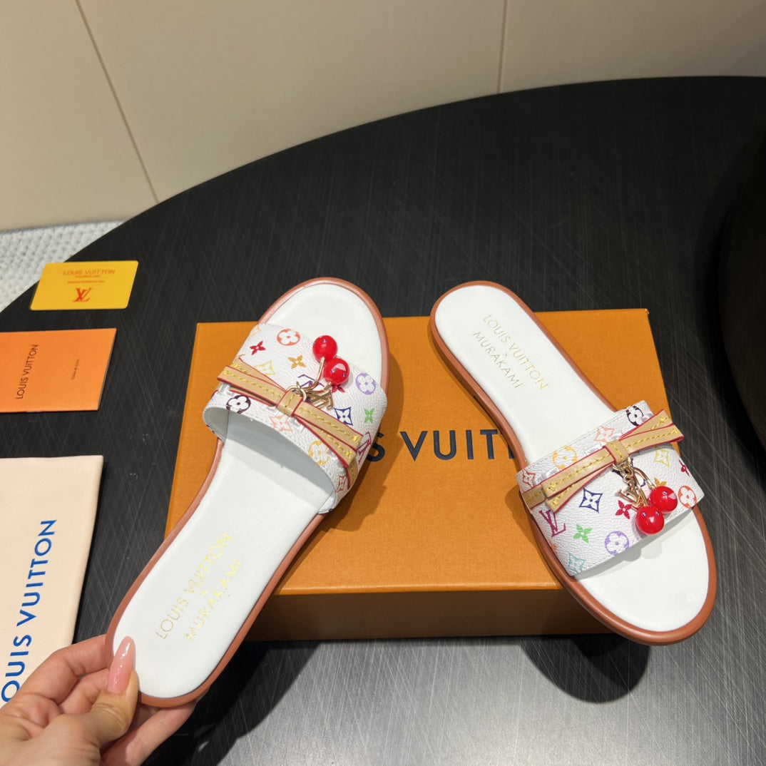 LOUIS VUITTON LV SLIDE SANDALS LOGO PRINT 25S IN WHITE CALFSKIN WITH CHERRY BLOSSOM BUCKLE