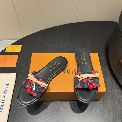 LOUIS VUITTON LV SLIDE SANDALS 25S IN BLACK DENIM AND CALFSKIN WITH CHERRY BLOSSOM BUCKLE