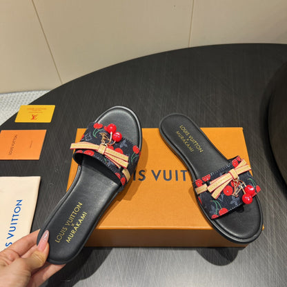 LOUIS VUITTON LV SLIDE SANDALS 25S IN BLACK DENIM AND CALFSKIN WITH CHERRY BLOSSOM BUCKLE