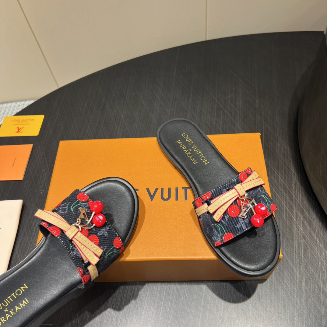 LOUIS VUITTON LV SLIDE SANDALS 25S IN BLACK DENIM AND CALFSKIN WITH CHERRY BLOSSOM BUCKLE