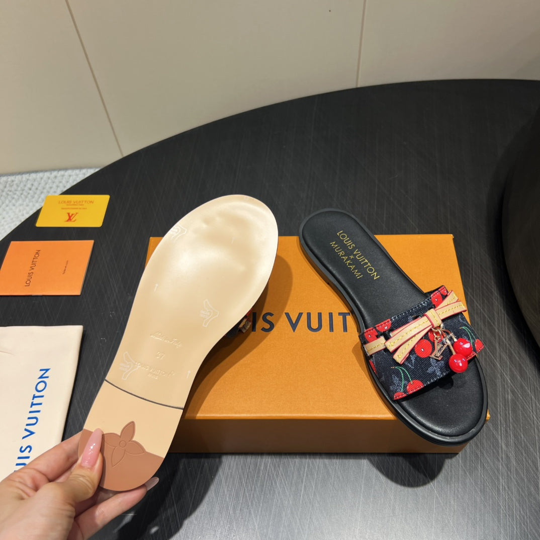 LOUIS VUITTON LV SLIDE SANDALS 25S IN BLACK DENIM AND CALFSKIN WITH CHERRY BLOSSOM BUCKLE