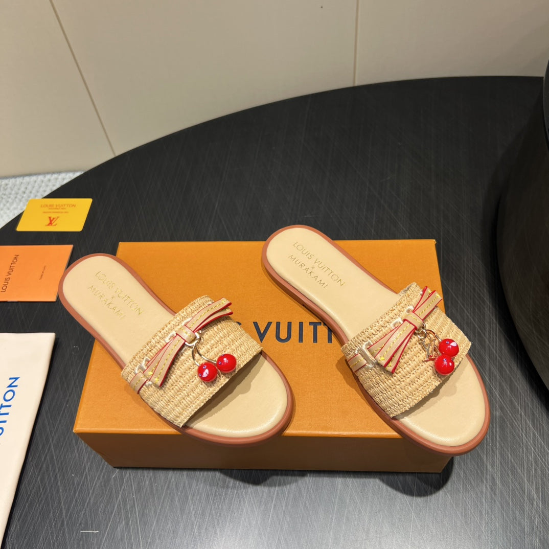 LOUIS VUITTON LV SLIDE SANDALS 25S IN BEIGE RAFFIA AND CALFSKIN WITH CHERRY BLOSSOM BUCKLE