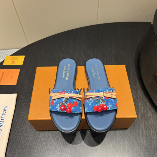 LOUIS VUITTON LV SLIDE SANDALS 25S IN DARK BLUE DENIM AND CALFSKIN WITH CHERRY BLOSSOM BUCKLE