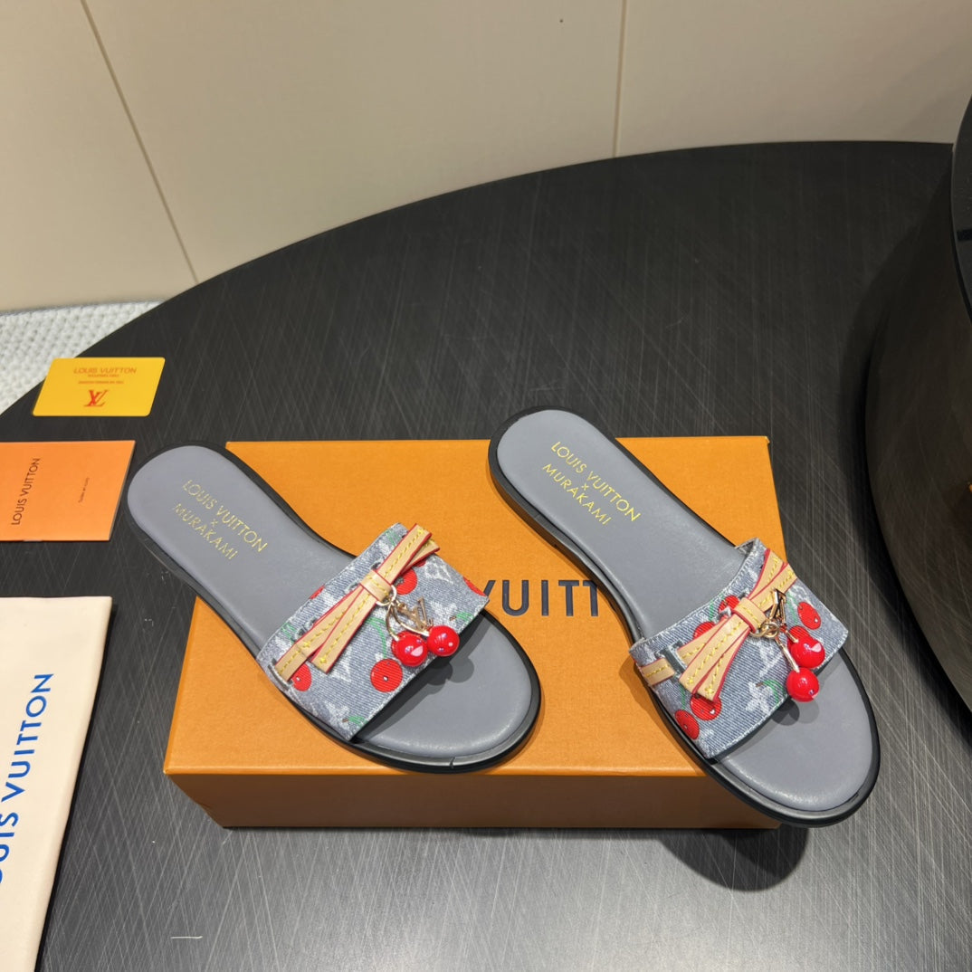 LOUIS VUITTON LV SLIDE SANDALS 25S IN GREY DENIM AND CALFSKIN WITH CHERRY BLOSSOM BUCKLE