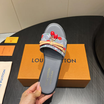 LOUIS VUITTON LV SLIDE SANDALS 25S IN GREY DENIM AND CALFSKIN WITH CHERRY BLOSSOM BUCKLE